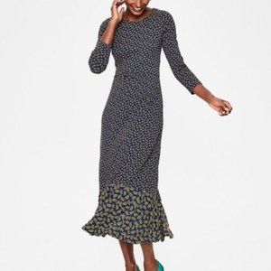 Boden Philippa Hem Detail 3/4 Sleeve Rainbow Print Midi Dress